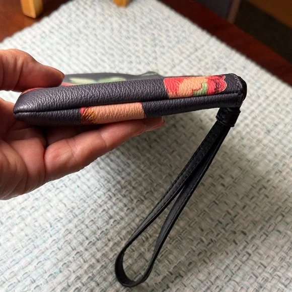 COACH Navy Floral Leather Wristlet with Multicolor Blooms - Picture 6 of 12